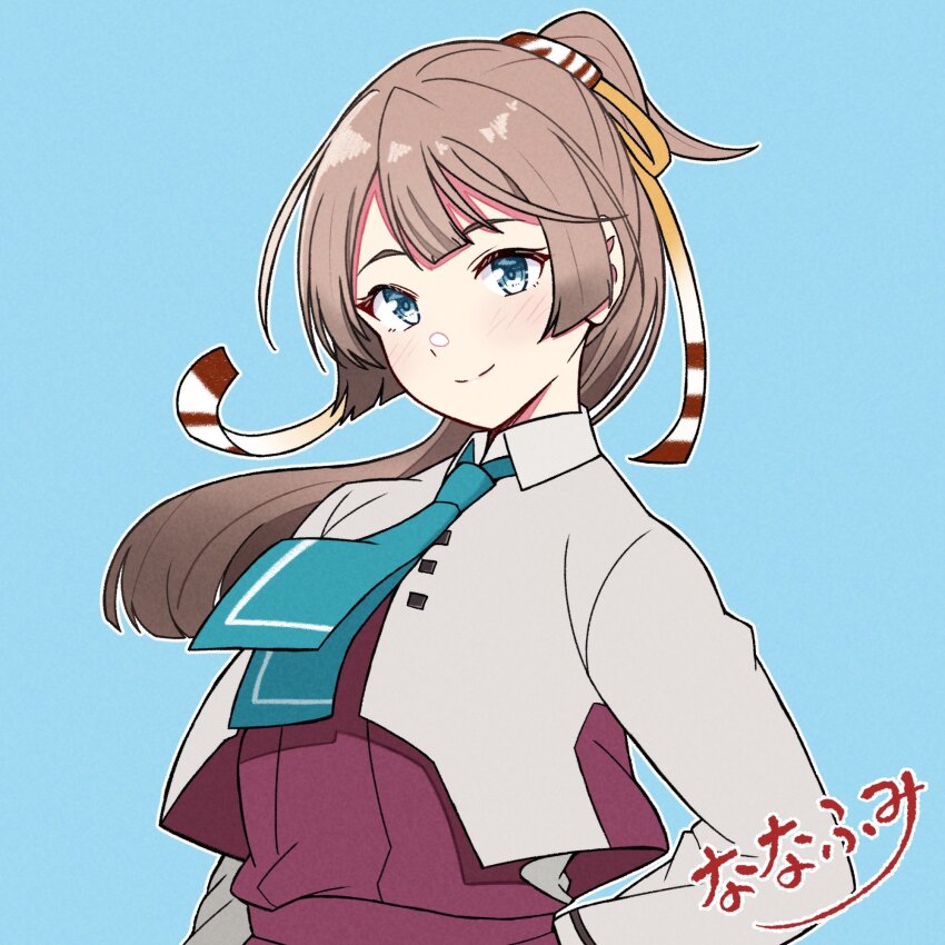 1girl aqua_necktie blazer blue_background blue_eyes brown_hair character_name collared_shirt fuminomino grey_jacket hair_ribbon hand_on_own_hip highres jacket kantai_collection kazagumo_(kancolle) kazagumo_kai_ni_(kancolle) long_hair necktie ponytail ribbon shirt smile solo upper_body