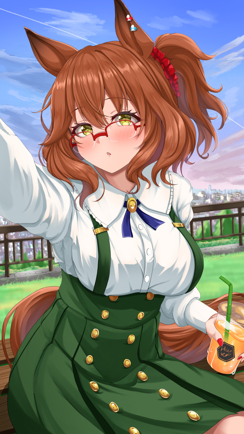 1girl absurdres animal_ears aston_machan_(casual)_(umamusume) aston_machan_(umamusume) blurry blurry_background blush breasts brown_hair casual cityscape cup fingernails glasses green_eyes hachi7515 hair_between_eyes hair_ornament highres horse_ears medium_breasts medium_hair open_mouth selfie sitting sky solo umamusume