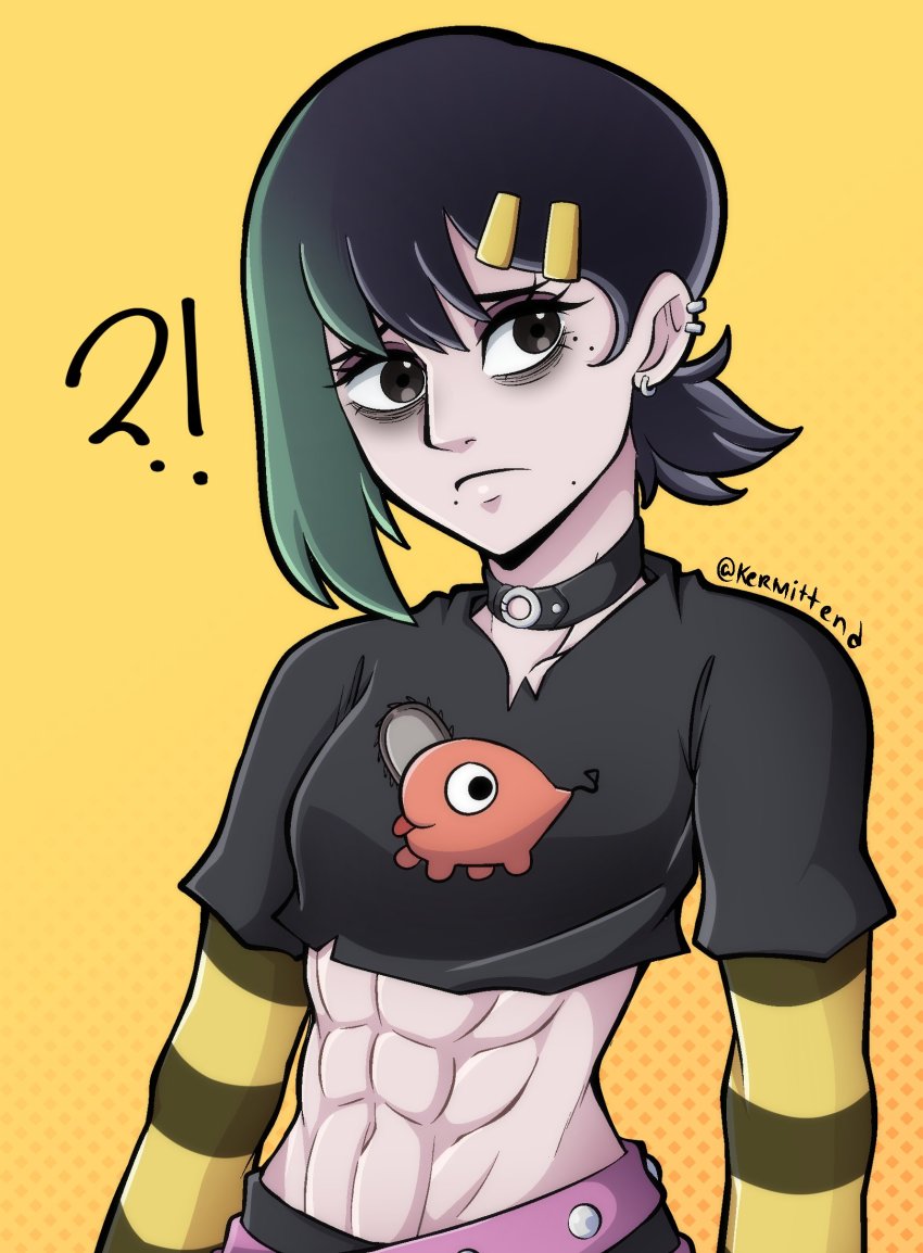 1girl abs absurdres alternate_costume breasts chainsaw_man choker embarrassed female_focus goth_fashion higashiyama_kobeni highres kermittend large_breasts looking_at_viewer multicolored_hair muscular muscular_female pants shirt short_hair solo source_request spots