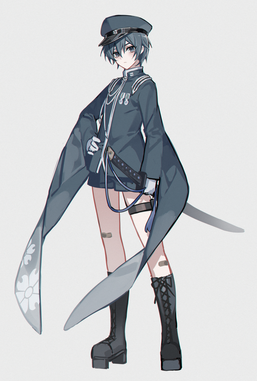 1boy absurdres aged_down bandaid bandaid_on_leg blue_eyes blush boots child full_body furisode_sleeves gloves hand_on_own_hip hat highres japanese_clothes kaito_(rei_no_sakura_sousetsu)_(vocaloid) kaito_(vocaloid) kazenemuri knee_boots lace-up_boots looking_at_viewer male_focus military_uniform senbonzakura_(vocaloid) short_hair shorts solo standing thigh_strap vocaloid white_background white_gloves wide_sleeves