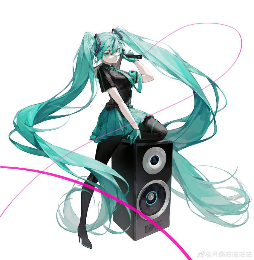 1girl :/ absurdly_long_hair absurdres aqua_armband aqua_eyes aqua_gloves aqua_hair aqua_necktie aqua_skirt armband black_boots black_shirt boots breasts cable chinese_commentary collared_shirt commentary floating_hair full_body gloves hair_between_eyes hair_ornament hand_up hatsune_miku high_heels highres holding holding_megaphone koi_wa_sensou_(vocaloid) leg_up long_hair looking_at_viewer megaphone miniskirt muxixixijiang necktie pleated_skirt ponytail shirt short_sleeves skirt solo speaker standing standing_on_one_leg thigh_boots v-shaped_eyebrows very_long_hair vocaloid watermark weibo_watermark white_background