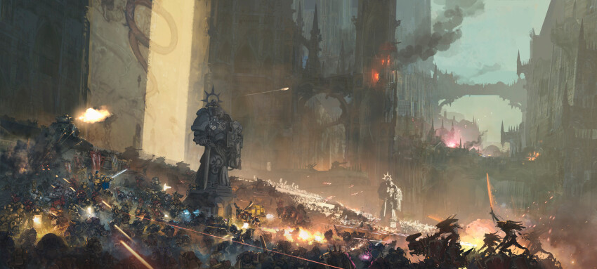 6+girls absurdres adeptus_astartes adeptus_custodes architecture armor artillery battle battlefield blood_angels blue_armor breastplate bridge burning burning_building cannon cape chaos_(warhammer) demon dreadnought_(warhammer_40k) eddygonzlezdvila energy_sword explosion fire flaming_sword flaming_weapon flying_buttress full_armor gauntlets gold_armor gothic_architecture greaves grey_armor guardian_spear halo helmet highres holding holding_sword holding_weapon imperial_fists imperium_of_man iron_warriors motion_blur multiple_girls pauldrons polearm power_armor red_armor shoulder_armor statue sword terminator_armor thousand_sons vambraces warhammer_40k weapon white_scars world_eaters