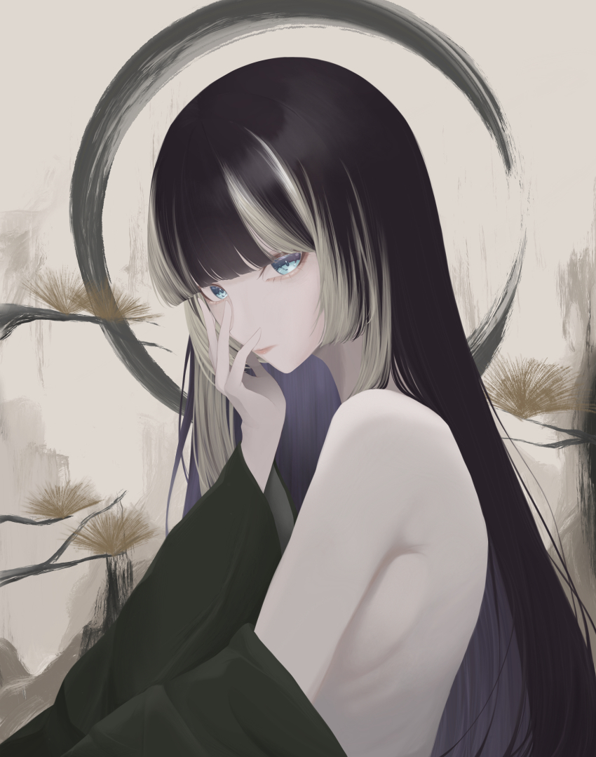1girl absurdres black_hair blue_eyes branch breasts closed_mouth getsukiba grey_hair highres hololive hololive_dev_is juufuutei_raden long_hair multicolored_hair sideboob solo streaked_hair virtual_youtuber