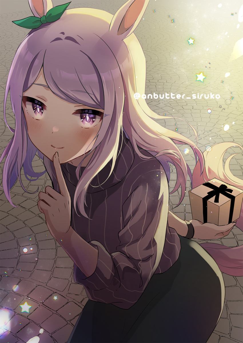 1girl alternate_costume anbutter_siruko animal_ears bow box ear_ribbon finger_to_own_chin gift gift_box green_ribbon green_skirt highres holding holding_box horse_ears horse_girl horse_tail index_finger_raised long_hair mejiro_mcqueen_(umamusume) purple_eyes purple_hair purple_sweater ribbon skirt smile solo star_(symbol) sweater swept_bangs tail twitter_username umamusume vertical-striped_sweater