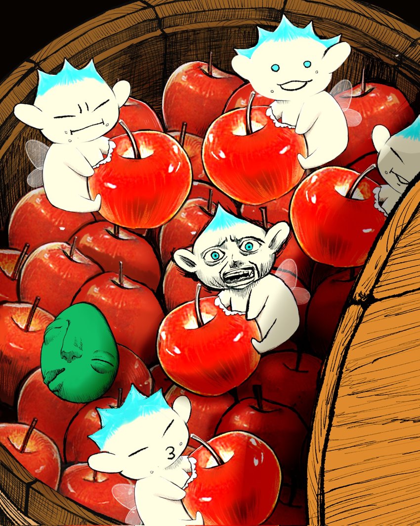 5boys apple barrel behelit berserk blue_eyes blue_hair chibi closed_eyes closed_mouth corrupted_twitter_file fairy fairy_wings food food_bite fruit highres holding holding_food holding_fruit horrified looking_at_viewer looking_up male_focus multiple_boys nisino2222 open_mouth parted_lips peck_(berserk) pick_(berserk) pointy_ears poke_(berserk) pook_(berserk) puck_(berserk) puckered_lips apple spiked_hair surprised wings
