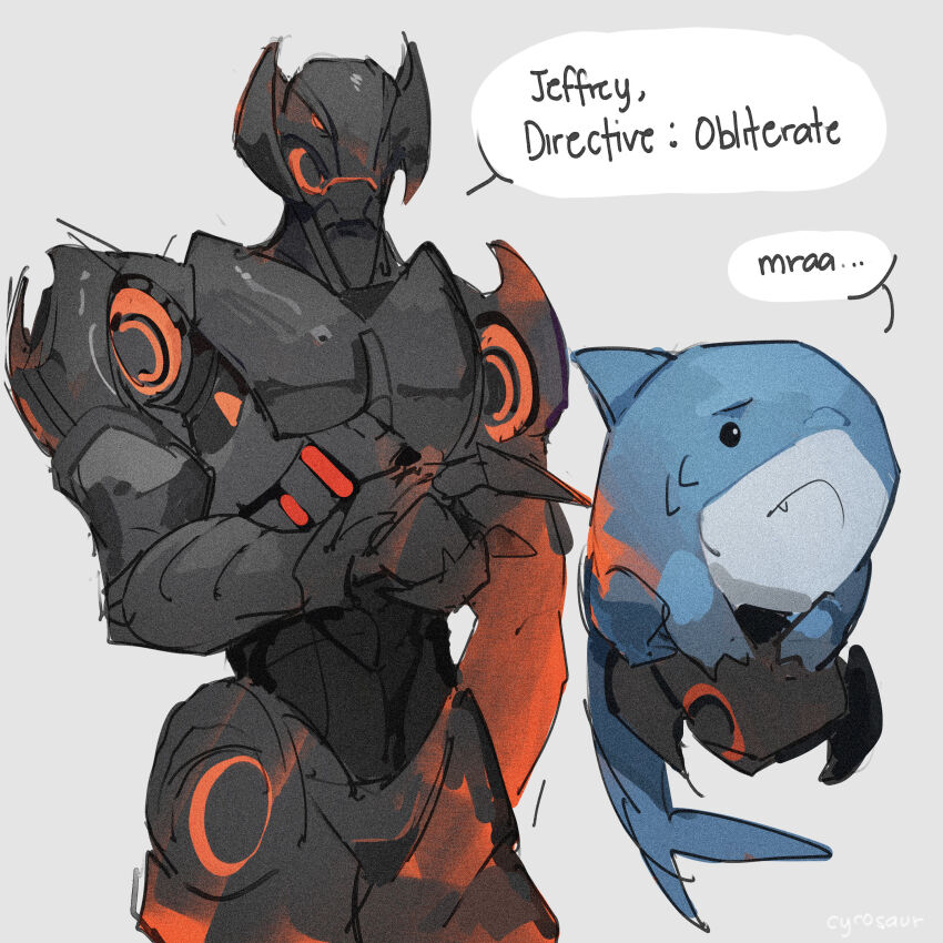 1boy absurdres armor avengers_(series) cyrosaur fins fish_tail glowing glowing_eyes highres humanoid_robot jeff_(marvel) looking_at_viewer male_focus marvel marvel_rivals red_eyes robot shark shark_fin shark_tail simple_background tail teeth ultron