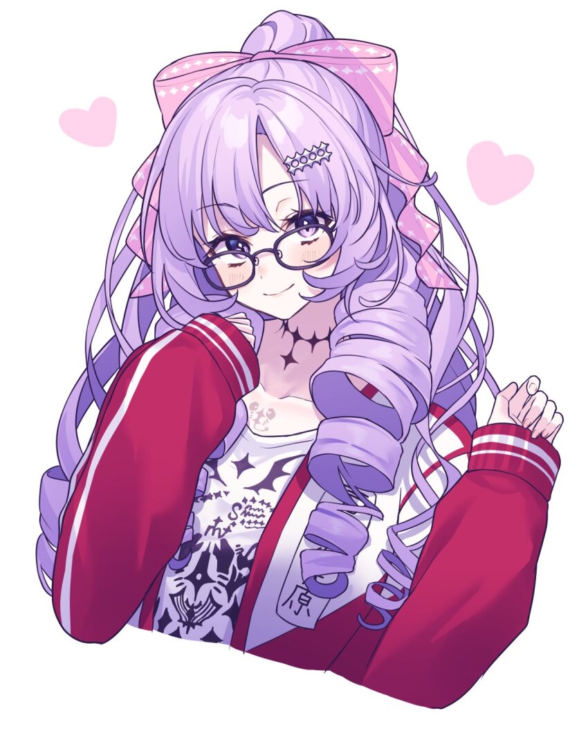 1girl black-framed_eyewear bow chest_tattoo closed_mouth clothes_writing drill_hair drill_sidelocks fingernails glasses hair_bow hair_ornament hairclip head_tilt high_ponytail highres hyakumantenbara_salome hyakumantenbara_salome_(casual) jacket light_blush lips long_hair long_sleeves looking_at_viewer lq_saku nijisanji official_alternate_costume official_alternate_hairstyle parted_bangs pink_bow ponytail purple_eyes red_jacket red_track_suit scorpion_tattoo see-through_bow shirt sidelocks simple_background smile solo tattoo track_jacket track_suit upper_body virtual_youtuber white_background white_shirt