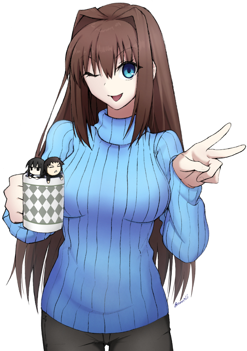 1boy 2girls absurdres aozaki_aoko blue_eyes blue_sweater breasts brown_hair brown_pants chibi coffee_mug cup hair_intakes highres kuonji_alice large_breasts long_hair long_sleeves looking_at_viewer mahou_tsukai_no_yoru moyashi_(tenor366) mug multiple_girls one_eye_closed open_mouth pants ribbed_sweater shizuki_soujuurou sidelocks smile sweater thighs turtleneck turtleneck_sweater white_background