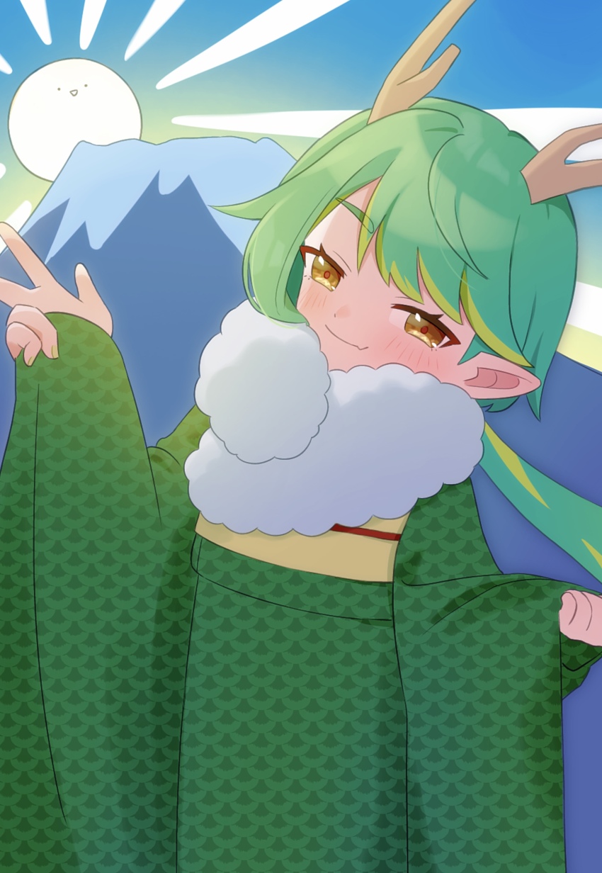 1girl absurdres blush commentary_request dot_nose dragon_horns fang green_hair green_kimono highres horns japanese_clothes kimono long_hair long_sleeves looking_at_viewer mountain multicolored_hair new_year original pinching_sleeves solo sun tawashi_(hoisassa) two-tone_hair wide_sleeves yellow_eyes