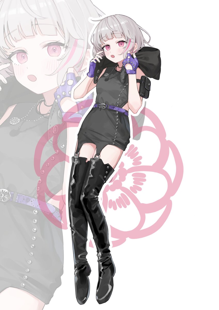 1girl :o absurdres alternate_costume arm_pouch asumi_sena belt black_boots blunt_bangs boots cattleya_regina_games dress fingerless_gloves full_body gloves grey_hair hanada_ten highres hood hood_down jewelry light_blush multicolored_hair necklace open_mouth pink_eyes pink_hair purple_belt purple_gloves short_dress short_hair simple_background sleeveless sleeveless_dress solo standing streaked_hair thigh_boots virtual_youtuber vspo! white_background zoom_layer