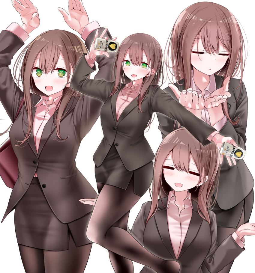 1girl @_@ arm_up arms_up bag beer_can black_jacket black_skirt blazer blush breasts brown_hair brown_pantyhose can clone closed_eyes collared_shirt cowboy_shot drink_can feet_out_of_frame formal_clothes grey_jacket hair_between_eyes handbag hands_up head_tilt highres holding holding_can jacket long_hair looking_at_viewer medium_breasts miniskirt multiple_views no_shoes office_lady ol-chan_(oouso) oouso open_hands open_mouth original outstretched_arm own_hands_together pantyhose pencil_skirt pink_shirt shadow shiny_clothes shirt sidelocks simple_background skirt skirt_suit suit tight_skirt upper_body w_arms white_background white_shirt