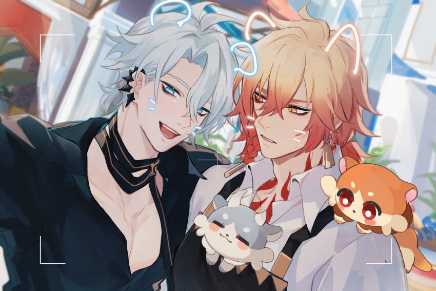 2boys antenna_hair apron black_apron black_choker black_shirt blonde_hair blue_eyes braid chest_tattoo chimera chinese_commentary choker collared_shirt commentary_request creature creature_on_shoulder drawn_ears drawn_whiskers earclip elims facial_tattoo gradient_hair hair_between_eyes highres honkai:_star_rail honkai_(series) looking_at_another male_focus medium_hair multicolored_hair multiple_boys mydei_(honkai:_star_rail) official_alternate_costume on_shoulder open_mouth outdoors parted_bangs pectoral_cleavage pectorals phainon_(fashion)_(honkai:_star_rail) phainon_(honkai:_star_rail) ponytail red_hair red_tattoo selfie shirt short_hair side_braid tattoo viewfinder white_hair white_shirt yellow_eyes