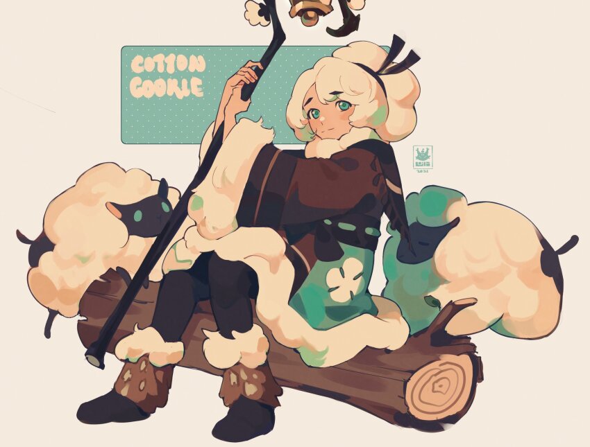 1girl animal aqua_coat aqua_eyes arms_up artist_logo black_capelet black_footwear black_pantyhose black_ribbon black_sash brown_coat capelet character_name closed_mouth coat cookie_run cookie_run:_kingdom cotton_cookie full_body fur-trimmed_coat fur-trimmed_collar fur-trimmed_footwear fur-trimmed_sleeves fur_trim hair_bun hair_ribbon highres holding holding_staff humanization lapstle light_blush log logo long_sleeves multicolored_coat non-deformed pantyhose ribbon ribbon-trimmed_sash ribbon_trim sash sheep simple_background sitting sitting_on_log solo split_mouth staff tassel-trimmed_capelet three_quarter_view two-handed two-tone_coat white_background white_hair wide_hair wide_sleeves