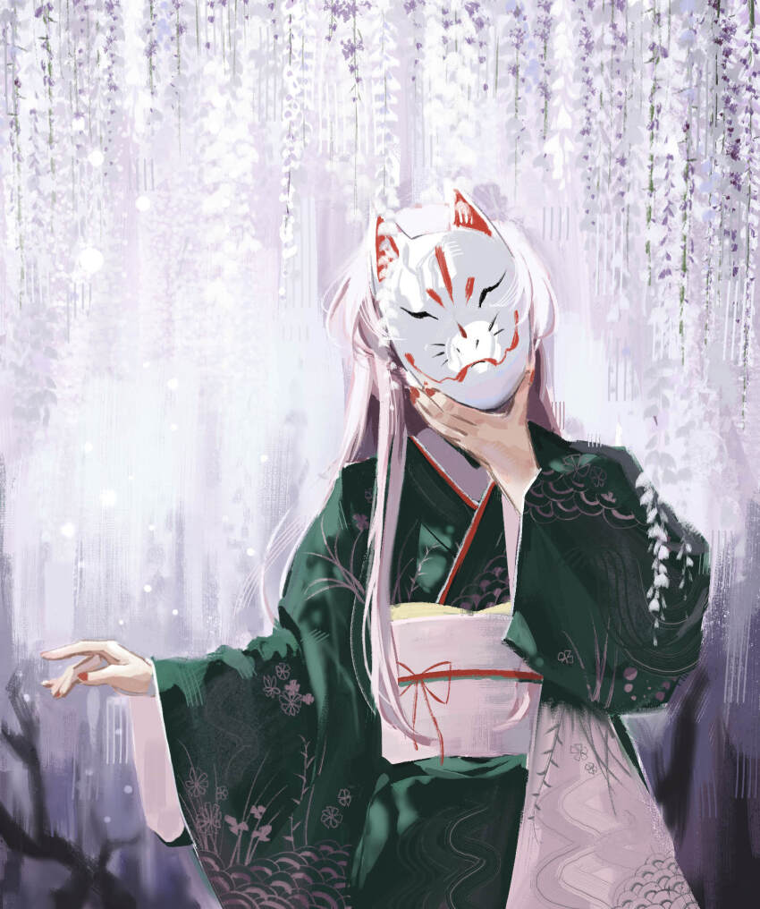1girl alternate_costume cowboy_shot facing_viewer fox_mask green_kimono hand_up hashtag-only_commentary hata_no_kokoro highres holding holding_mask japanese_clothes kimono long_hair long_sleeves mask obi obijime ourie pink_hair red_nails sash sidelocks solo touhou very_long_hair white_sash