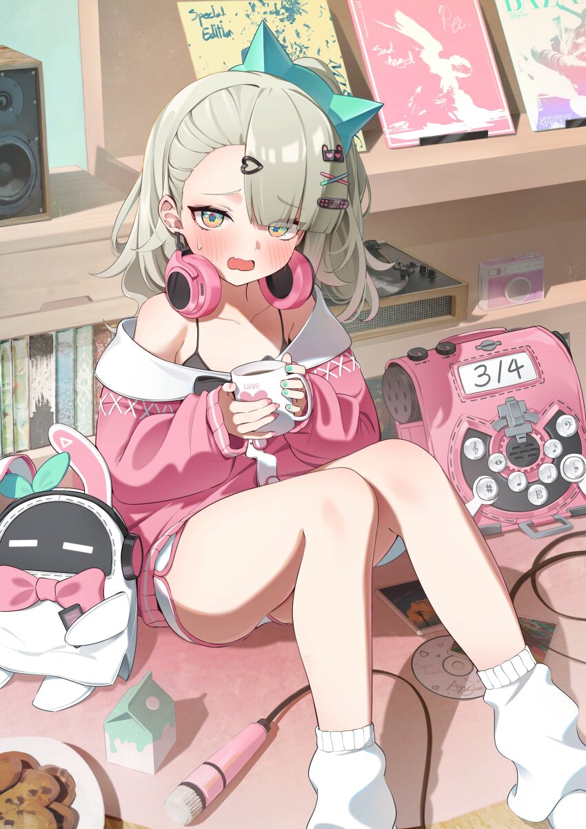 1girl absurdres alternate_costume aqua_nails backpack bag bangboo_(zenless_zone_zero) book chinatsu_remiel commentary_request cup dolphin_shorts eyes_visible_through_hair food hair_ornament hairclip headphones headphones_around_neck highres holding holding_cup indoors knees_up long_sleeves looking_at_viewer medium_hair open_mouth pink_nails ramube short_shorts shorts sitting socks solo white_shorts white_socks zenless_zone_zero