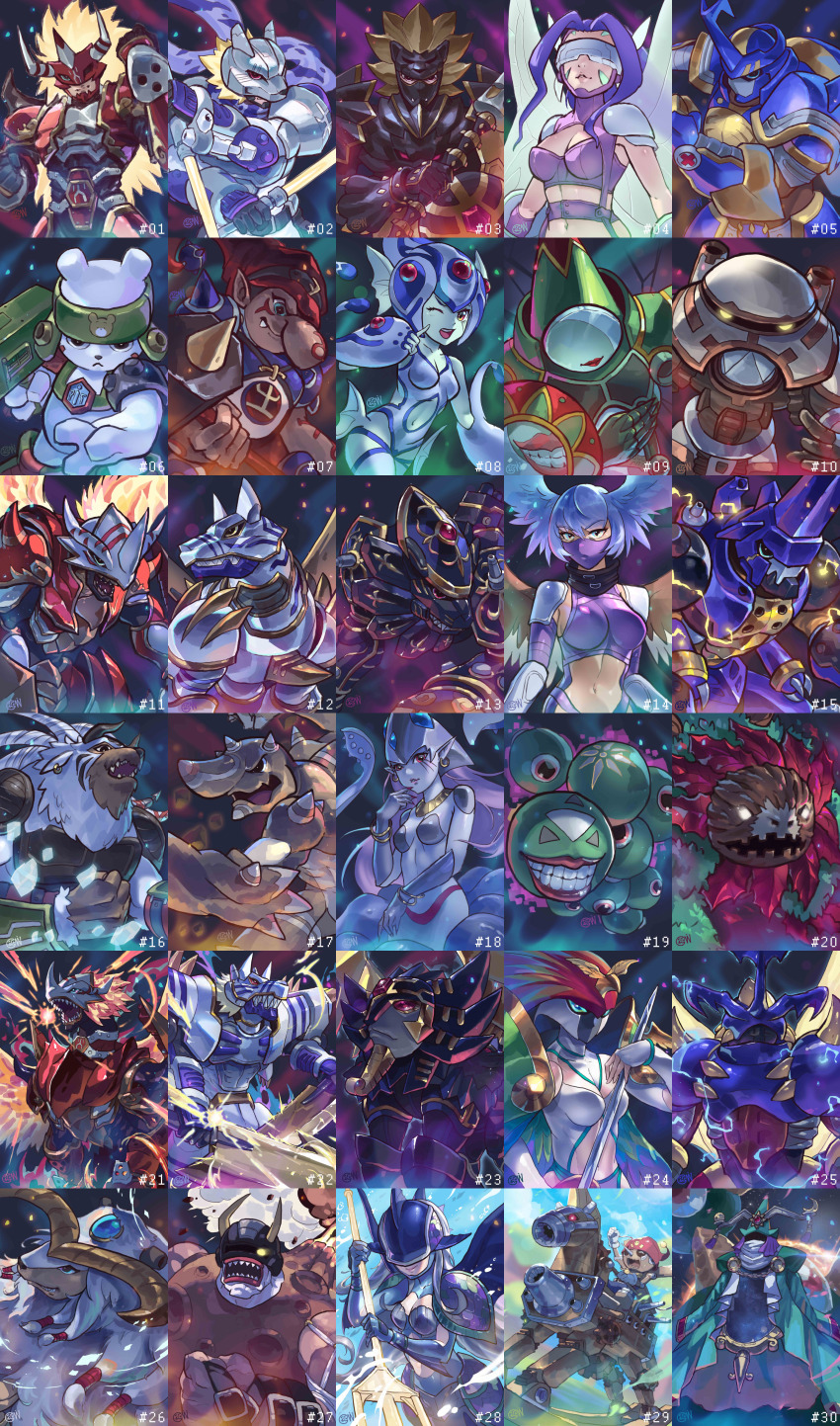 absurdres agnimon ancientbeatmon ancientgarurumon ancientgreymon ancientirismon ancientmegatheriumon ancientmermaimon ancientsphinxmon ancienttroiamon ancientvolcamon ancientwisemon arbormon armor blitzmon blizzarmon bolgmon bracelet calamaramon chackmon digimon digimon_(creature) earrings fairimon fins frog_girl garummon gigasmon gloves grottemon head_wings helmet highres jewelry kaiserleomon long_hair louwemon mask mercuremon monster_girl petaldramon pinochimon purple_hair ranamon red_eyes sephirothmon short_hair shutumon squid_girl ten_legendary_warriors tentacles vritramon wings wolfmon