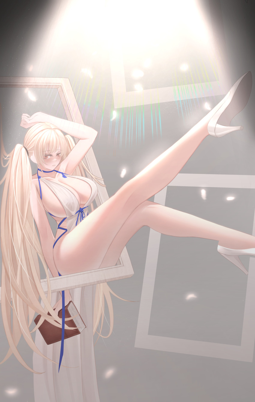 1girl absurdres azur_lane blonde_hair blue_choker book breasts choker collarbone dress formidable_(anniversary_memories)_(azur_lane) formidable_(azur_lane) halter_dress halterneck high_heels highres holding holding_book huge_breasts long_hair nangua_zhu official_alternate_costume picture_frame red_eyes shoes sleeveless sleeveless_dress solo twintails very_long_hair white_dress white_shoes