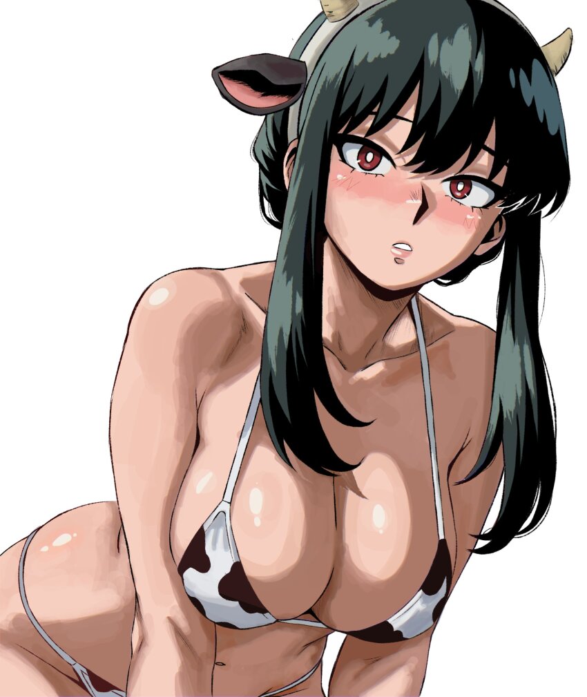 1girl animal_print bikini black_hair breasts cleavage cow_print cow_print_bikini enji_masterpie fake_horns highres horns looking_at_viewer print_bikini red_eyes solo spy_x_family swimsuit white_background yor_briar