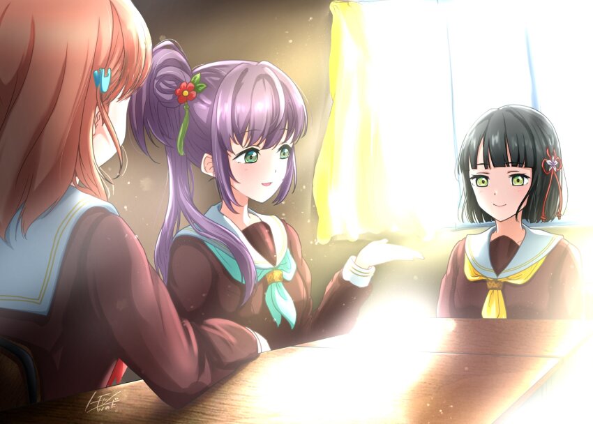 3girls :d aqua_neckerchief black_hair blunt_bangs blunt_ends bob_cut breasts brown_dress cerise_bouquet classroom closed_mouth commentary_request curtains desk dress flower flower_knot green_eyes hair_flower hair_ornament hand_up hasu_no_sora_school_uniform highres hinoshita_kaho indoors light_particles link!_like!_love_live! long_hair long_sleeves love_live! medium_breasts medium_hair momose_ginko multiple_girls neckerchief noochan_chonoda open_mouth orange_hair otomune_kozue pink_flower purple_hair rabbit_hair_ornament red_flower red_neckerchief sailor_collar sailor_dress school_desk school_uniform side_ponytail sidelocks sitting smile sunlight tassel tassel_hair_ornament two_side_up virtual_youtuber white_sailor_collar window winter_uniform yellow_neckerchief
