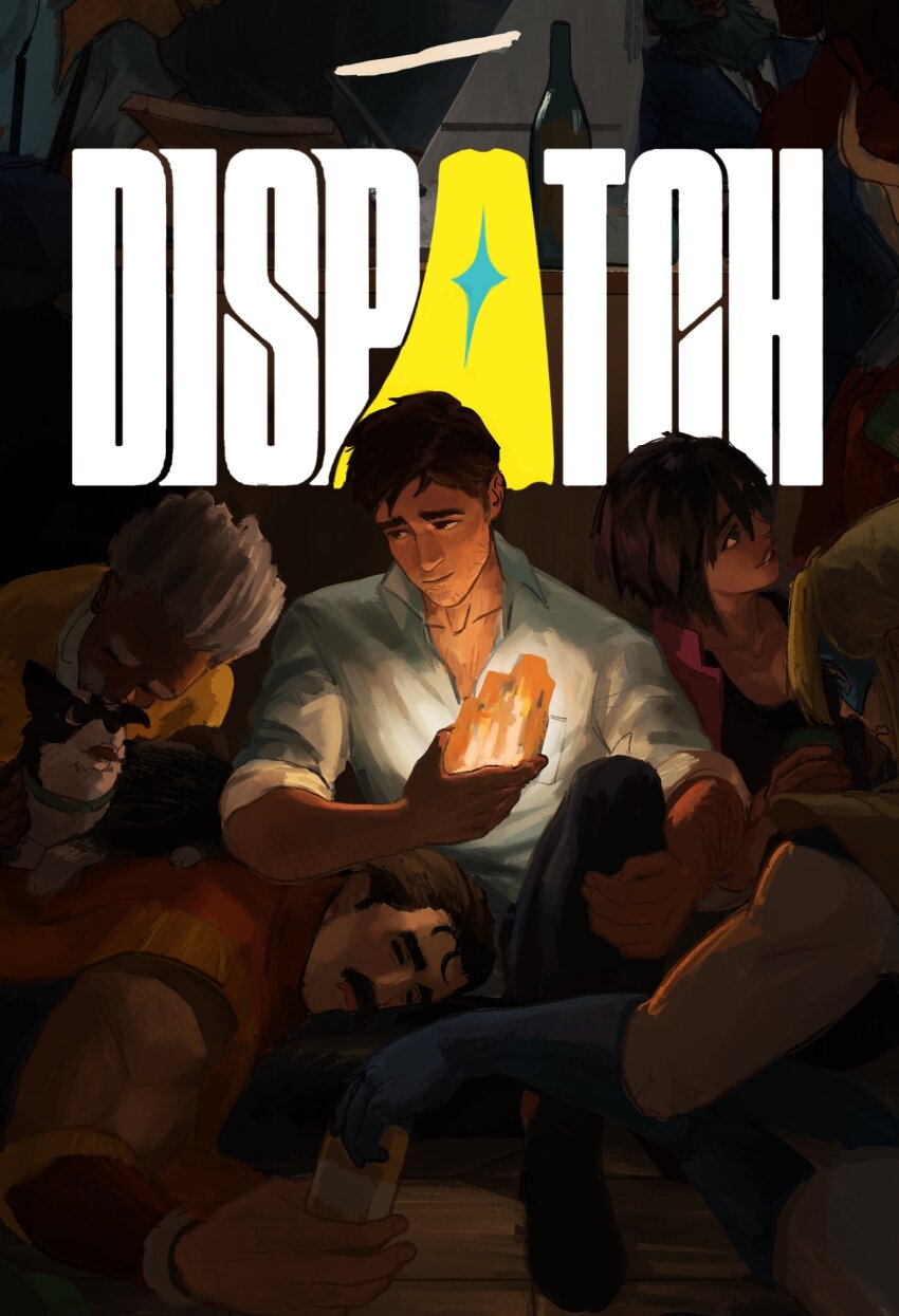 3girls 5boys absurdres aethash beard_stubble black_hair black_shirt blonde_blazer blonde_hair blue_eyes blue_mask blue_shirt bodysuit brown_eyes chase_(dispatch) commentary copyright_name dark-skinned_female dark-skinned_male dark_skin dispatch dog dress_shirt elbow_gloves english_commentary facial_hair gloves highres indoors invisigal jacket lamp malevola_(dispatch) multiple_boys multiple_girls muscular muscular_male mustache on_floor open_clothes open_jacket phenomaman robert_robertson royd_(dispatch) shirt short_hair sleeping sleeves_rolled_up sonar_(dispatch) stubble sweater white_bodysuit white_hair yellow_sweater