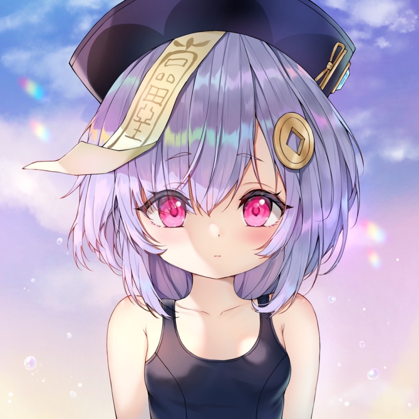 1girl alternate_costume blurry blush cloud cloudy_sky coin_hair_ornament collarbone commentary_request depth_of_field genshin_impact hair_between_eyes hair_ornament hat jiangshi long_hair looking_at_viewer ofuda outdoors portrait purple_eyes purple_hair qingdai_guanmao qiqi_(genshin_impact) school_swimsuit sidelocks sky sleeveless solo swimsuit twilight yutian_alice
