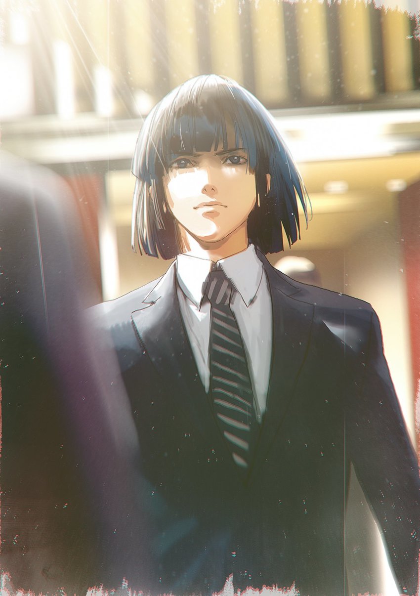 1boy black_eyes black_hair black_jacket black_necktie black_suit blurry building business_suit depth_of_field formal_clothes highres hikaru_no_go jacket light_rays looking_ahead male_focus medium_hair necktie solo_focus striped_necktie suit touya_akira wisda