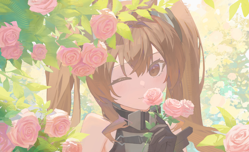1girl angelina_(arknights) animal_ears arknights arknights:_endfield bare_shoulders black_gloves bloom blush brown_eyes brown_hair close-up commentary day dot_nose dress earpiece flower flower_over_mouth fox_ears gilberta_(arknights) gloves grey_dress hair_intakes high_collar highres holding holding_flower hukw long_hair looking_at_viewer one_eye_closed pink_flower pink_rose plant rose sleeveless sleeveless_dress smile solo twintails upper_body