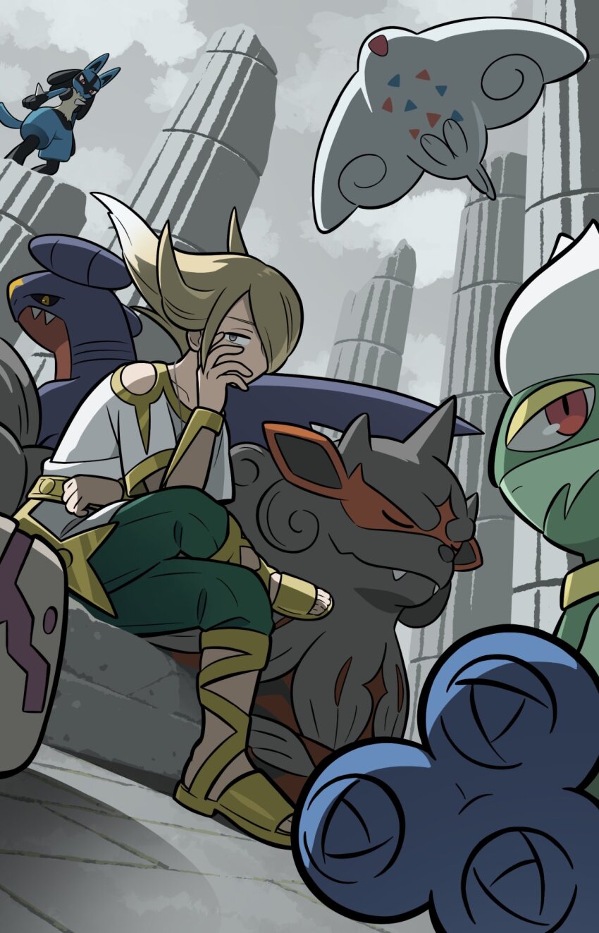 1boy blonde_hair bracelet closed_eyes cloud cloudy_sky commentary_request crossed_legs fangs figure_four_sitting flying garchomp gen_4_pokemon gladiator_sandals gold_trim hair_over_one_eye hand_on_own_face highres hisuian_arcanine jewelry looking_at_viewer looking_to_the_side lucario male_focus nintendo one_eye_covered outdoors pillar pokemon pokemon_legends:_arceus red_eyes roserade sandals shirt shuan_420 sideways_glance sitting sky slit_pupils spikes togekiss volo_(pokemon) white_shirt
