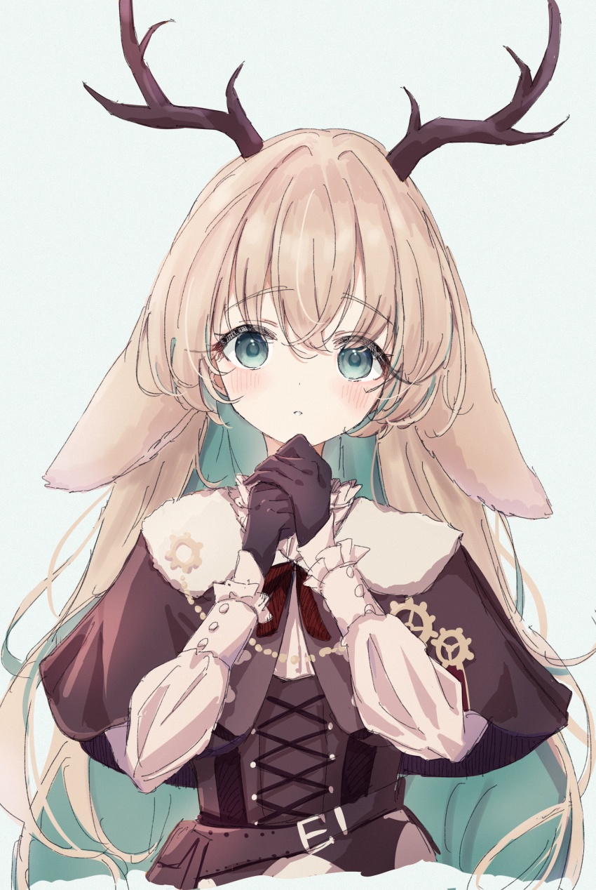 1girl absurdres animal_ears antlers belt black_gloves blonde_hair blue_background blue_eyes blue_hair blush brown_belt brown_capelet brown_corset capelet colored_inner_hair commentary_request corset deer_ears gloves highres horns long_hair long_sleeves looking_at_viewer multicolored_hair nanashi_inc. own_hands_together parted_lips shirt shishishi simple_background solo tsukinoki_tirol upper_body virtual_youtuber white_shirt