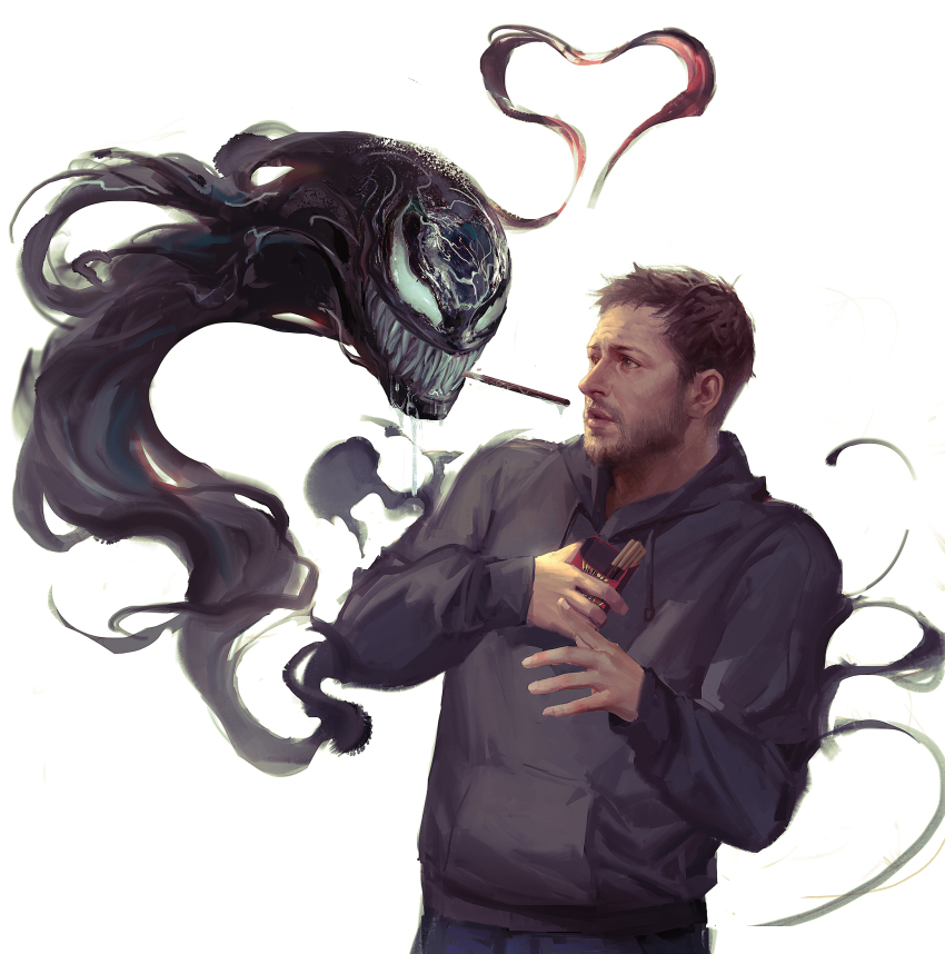 2boys alien arms_up beard black_hoodie blue_pants brown_hair candy chinese_commentary commentary_request drawstring drooling eddie_brock eye_contact facial_hair food food_in_mouth grin highres holding holding_food holding_pocky hood hood_down hoodie incoming_pocky_kiss interspecies kdash looking_at_another male_focus marvel multiple_boys no_pupils pants pocky saliva sharp_teeth short_hair simple_background smile spider-man_(series) symbiote teeth venom_(marvel) white_background white_eyes yaoi