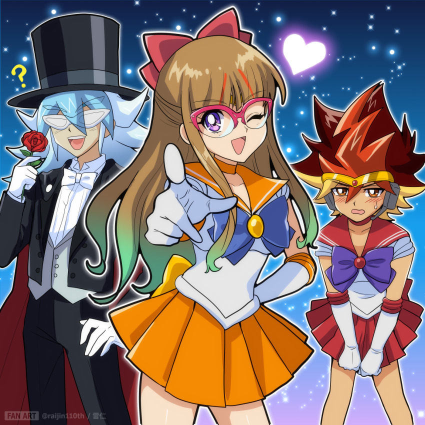1girl 2boys :d ;d ? back_bow bishoujo_senshi_sailor_moon black_headwear black_jacket black_pants blonde_hair blue_bow blue_bowtie blue_hair blush bow bowtie brown_hair choker circlet collarbone cosplay crossdressing dress_shirt elbow_gloves embarrassed flower glasses gloves gradient_hair green_hair grey_vest hair_between_eyes hair_bow hand_on_own_hip hat heart highres holding holding_flower jacket long_hair looking_at_viewer mask miniskirt multicolored_hair multiple_boys ohdo_yuamu ohdo_yuhi one_eye_closed open_clothes open_jacket open_mouth orange_choker orange_sailor_collar orange_skirt pants pleated_skirt purple_bow purple_bowtie purple_eyes raijin-bh red-framed_eyewear red_bow red_choker red_flower red_hair red_rose red_sailor_collar red_skirt rose sailor_collar sailor_mars sailor_mars_(cosplay) sailor_senshi_uniform sailor_shirt sailor_venus sailor_venus_(cosplay) shirt skirt skirt_tug sleeveless sleeveless_shirt smile standing sweatdrop tuxedo_kamen tuxedo_kamen_(cosplay) twitter_username two-tone_hair vest white_bow white_bowtie white_gloves white_hair white_shirt yellow_bow yu-gi-oh! yu-gi-oh!_go_rush!! yudias_velgear