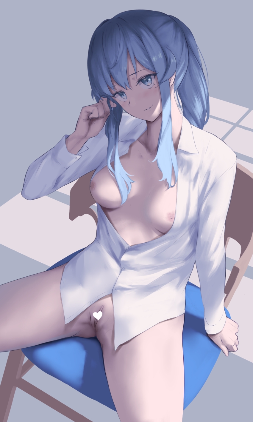 1girl blue_eyes blue_hair breasts breasts_out censored chair collared_shirt commission den_(kur0_yuki) gotland_(kancolle) heart heart_censor highres kantai_collection long_hair long_sleeves medium_breasts mole mole_under_eye naked_shirt nipples pixiv_commission ponytail pussy shirt sidelocks sitting solo spread_legs white_shirt