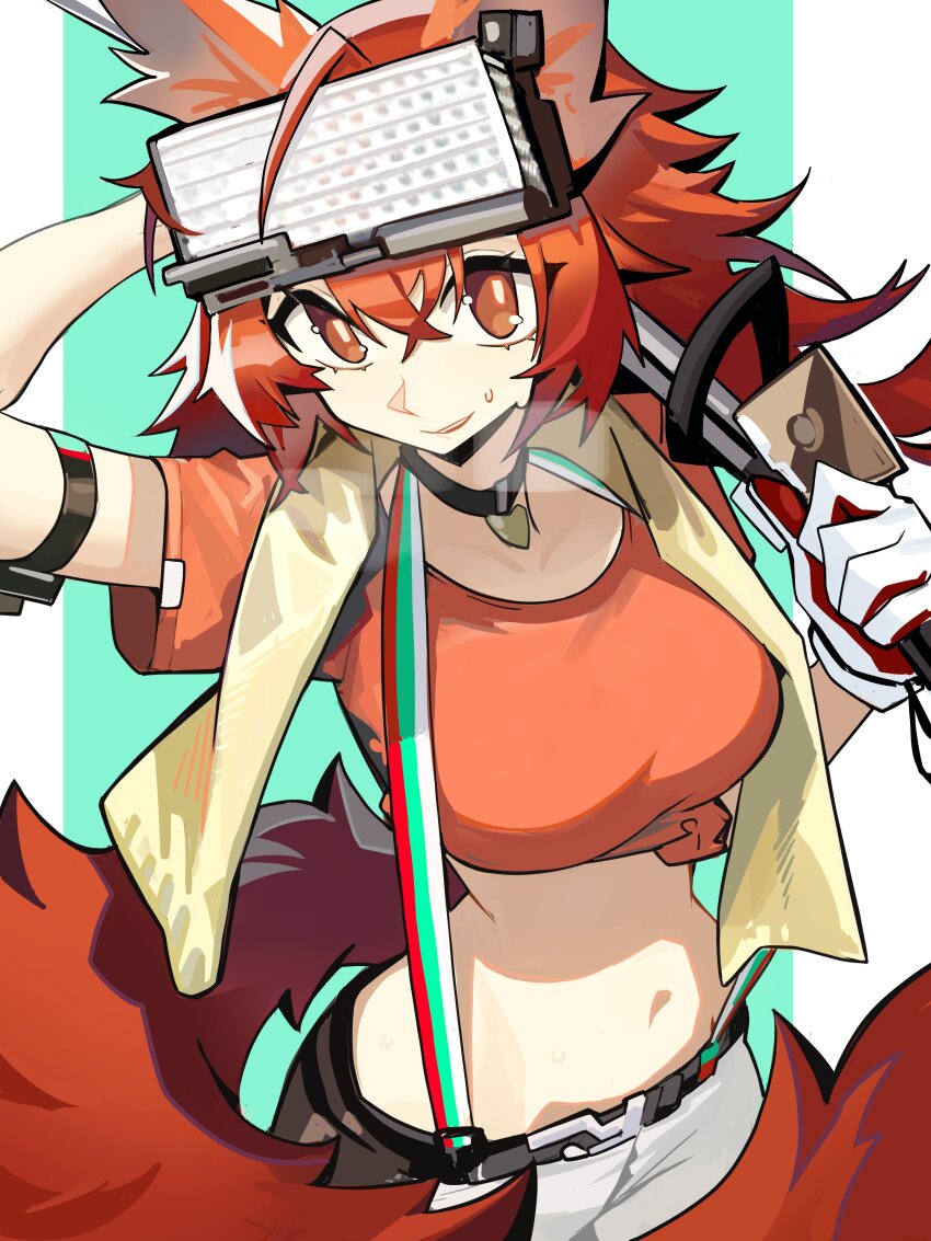 1girl absurdres arknights arm_strap black_choker choker commentary commission distr english_commentary flametail_(arknights) flametail_(sport_for_all)_(arknights) gloves head-mounted_display highres holding long_hair looking_at_viewer midriff navel orange_eyes orange_hair orange_shirt shirt smile solo stomach suspenders tail tied_shirt white_gloves