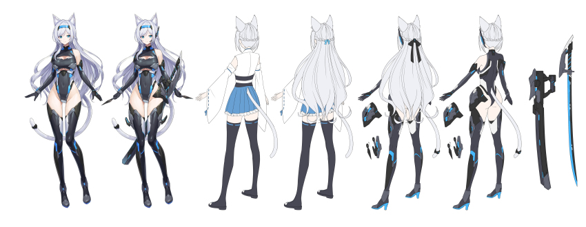 1girl absurdres animal_ear_fluff animal_ears black_gloves black_leotard black_thighhighs blue_eyes blue_skirt boots breasts detached_sleeves earpiece elbow_gloves flat_color from_behind full_body gloves grey_hair hairband high_heel_boots high_heels highres holding holding_kunai holding_weapon kunai large_breasts leotard long_hair multiple_views mytea_(soso) open-toe_boots original sheath sheathed shirt single_elbow_glove skirt smile standing sword tail tail_ornament tail_ring thighhighs weapon white_background white_shirt wide_sleeves