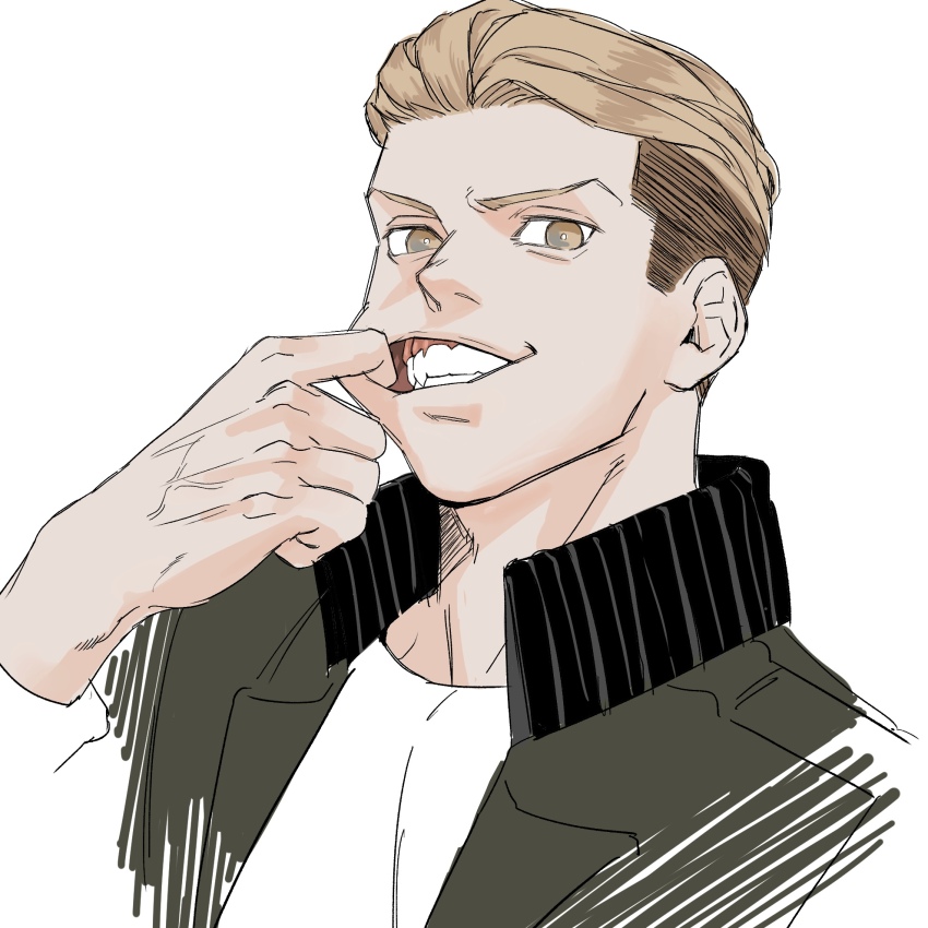 1boy bright_pupils brown_eyes brown_hair cheek_pull grey_jacket gums highres jacket kogu_(nue_insideout) looking_at_viewer male_focus porco_galliard shingeki_no_kyojin shirt sideburns simple_background solo teeth undercut upper_body white_background white_pupils white_shirt