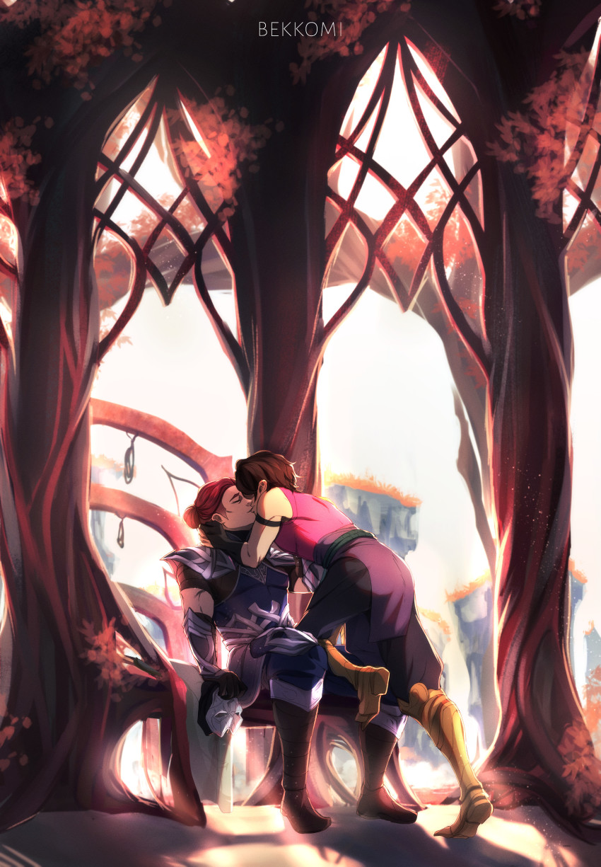 2boys absurdres armor artist_name bare_shoulders bekkomi black_pants blue_bodysuit bodysuit boots brown_hair highres holding holding_mask jhin kiss knee_boots knee_up league_of_legends male_focus mask unworn_mask multiple_boys outdoors pants shen_(league_of_legends) short_hair sitting yaoi