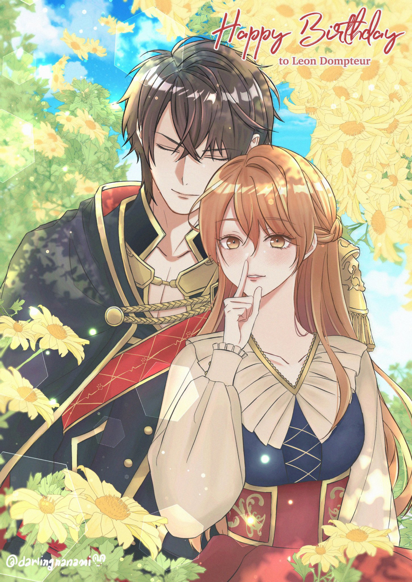1boy 1girl aiguillette artist_name braid brown_hair character_name closed_eyes darlingnanami day dress emma_(ikemen_prince) flower happy_birthday hetero highres ikemen_prince index_finger_raised leon_dompteur long_sleeves outdoors parted_bangs standing