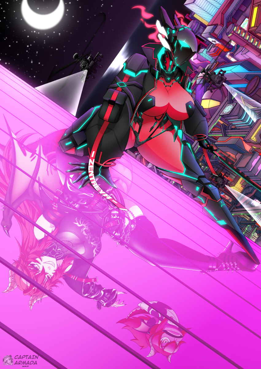 1girl absurdres black_boots black_gloves black_helmet black_jacket black_shirt black_thighhighs boots breasts captainarmada closed_mouth crescent_moon dragon_girl dragon_horns dragon_wings fingerless_gloves gecko_zen gloves helmet high_heels highres horns jacket large_breasts long_hair looking_at_viewer mechanical_legs moon reflection shirt smile solo thighhighs virtual_youtuber vshojo wings yellow_eyes zentreya zentreya_(cyborg) zentreya_(cyborg)_(1st_costume) zentreya_(dragon) zentreya_(dragon)_(metalheads)