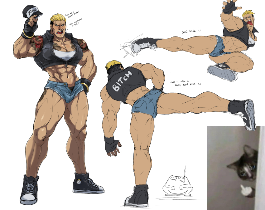 1boy angry ass bara black_footwear black_male_underwear blonde_hair bra bracelet breasts cat_png commentary cosplay crop_top crop_top_jacket crouch_kick english_commentary english_text fingerless_gloves gloves gold_bracelet hair_slicked_back high_kick highres kicking large_breasts large_pectorals male_focus male_underwear muscular muscular_male nyaattoberritto partially_unzipped pectorals sharp_teeth shirt short_shorts shorts shoulder_tattoo sleeveless sleeveless_jacket snk_heroines:_tag_team_frenzy tan tattoo teeth terry_bogard terry_bogard_(cosplay) the_king_of_fighters thick_thighs thighs tight_clothes tongue tongue_out underwear variant_set white_background white_bra white_shirt yamazaki_ryuuji