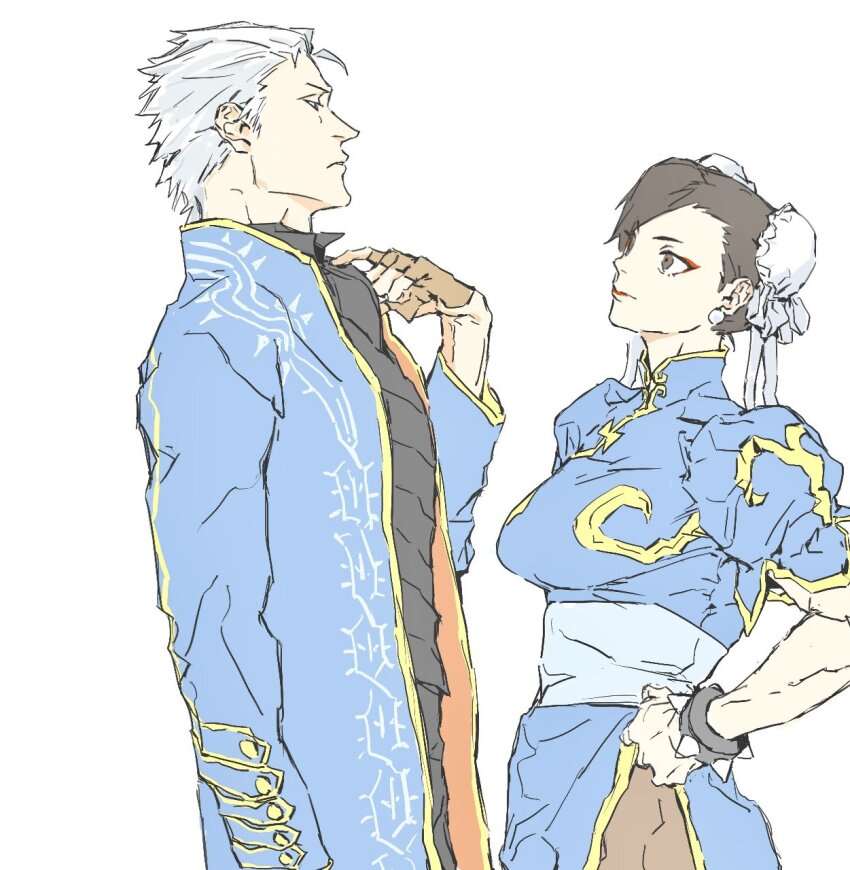1boy 1girl amatuki black_shirt blue_coat bracelet breasts brown_eyes brown_hair capcom china_dress chinese_clothes chun-li closed_mouth coat cowboy_shot crossover devil_may_cry devil_may_cry_(series) devil_may_cry_3 double_bun dress ear_piercing earrings eye_contact eyeliner fingerless_gloves frown gloves hair_bun hair_slicked_back hand_on_own_chest hand_on_own_hip highres jewelry large_breasts lipstick looking_at_another makeup mandarin_collar marvel_vs._capcom marvel_vs._capcom_3 ornate_clothes piercing profile red_eyeliner shirt sketch sphere_earrings spiked_bracelet spikes street_fighter two-sided_coat two-sided_fabric vergil_(devil_may_cry) white_hair