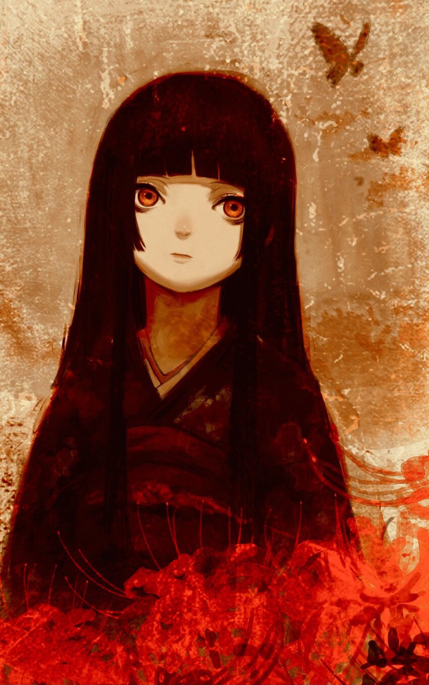 1girl black_hair black_kimono bug butterfly enma_ai flower highres hime_cut hotateyuki insect japanese_clothes jigoku_shoujo kimono long_hair looking_at_viewer red_eyes solo spider_lily upper_body