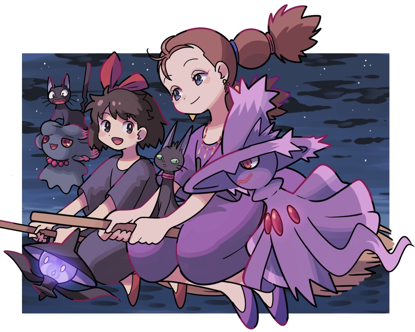2girls :d absurdres blush_stickers border broom broom_riding brown_hair cat cloud commentary_request crossover dress game_freak gen_2_pokemon gen_4_pokemon gen_5_pokemon highres jiji_(majo_no_takkyuubin) kiki_(majo_no_takkyuubin) lampent majo_no_takkyuubin misdreavus mismagius multi-tied_hair multiple_girls night nintendo open_mouth outdoors pokemon pokemon_(creature) purple_dress purple_footwear red_footwear senior_witch_(majo_no_takkyuubin) shoes sitting sky smile sutokame tongue twintails white_border