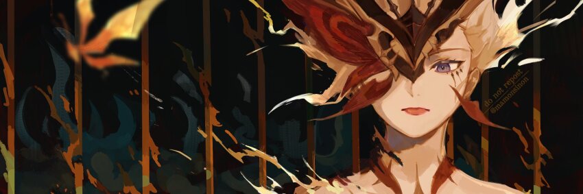 1girl 1other bare_shoulders blonde_hair butterfly_mask crimson_lotus_moth_(genshin_impact) dress fire genshin_impact highres mamonsinon mask mask_over_one_eye red_dress red_lips signora_(crimson_witch_of_embers)_(genshin_impact) signora_(genshin_impact) torn_mask twitter_username