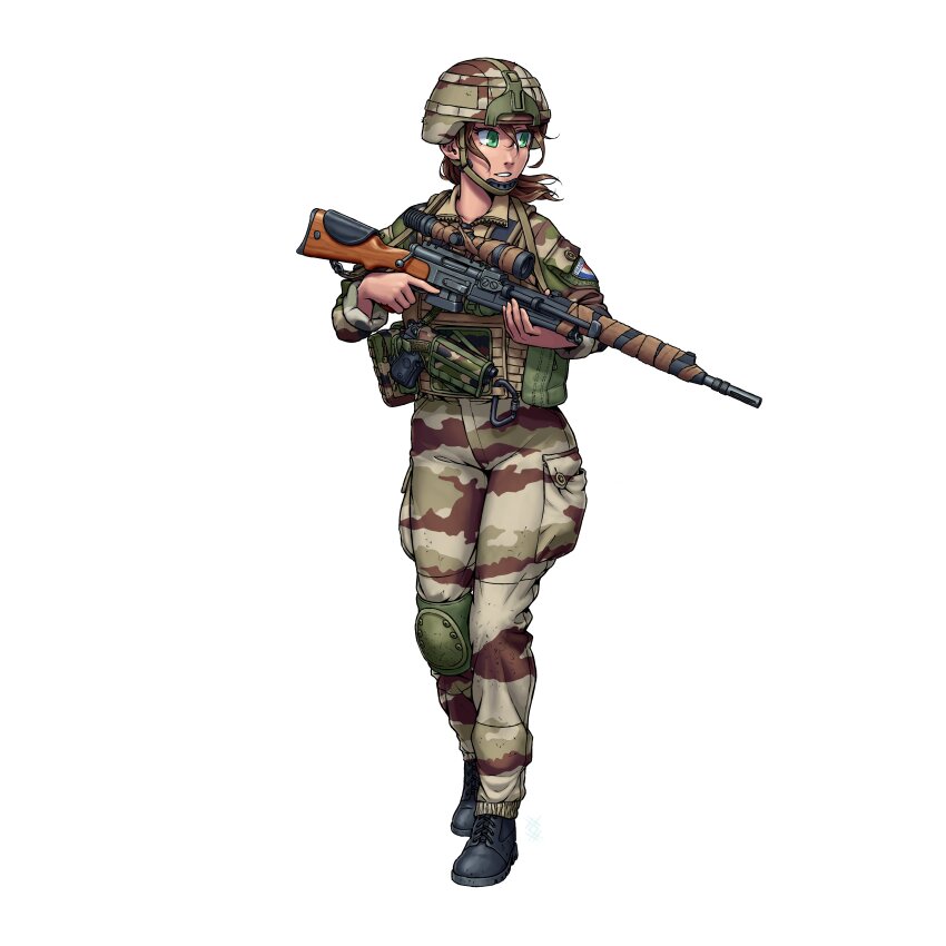 1girl absurdres ammunition_pouch artist_logo beretta_92 black_boots body_armor bolt_action boots brown_hair bulletproof_vest buttons camouflage camouflage_headwear camouflage_jacket camouflage_pants carabiner cargo_pants chin_strap combat_boots combat_helmet commentary desert_camouflage fr_f2 france french_army french_flag full_body green_eyes gun gun_sling hair_between_eyes handgun helmet highres holding holding_gun holding_weapon holster holstered jacket knee_pads lace-up_boots load_bearing_vest logo long_hair long_sleeves magazine_(weapon) military military_combat_uniform military_fatigues military_jacket military_uniform open_mouth original ostwindprojekt pants pocket ponytail pouch rifle scope simple_background single_knee_pad sniper_rifle soldier solo standing tactical_clothes teeth trigger_discipline weapon white_background woodland_camouflage