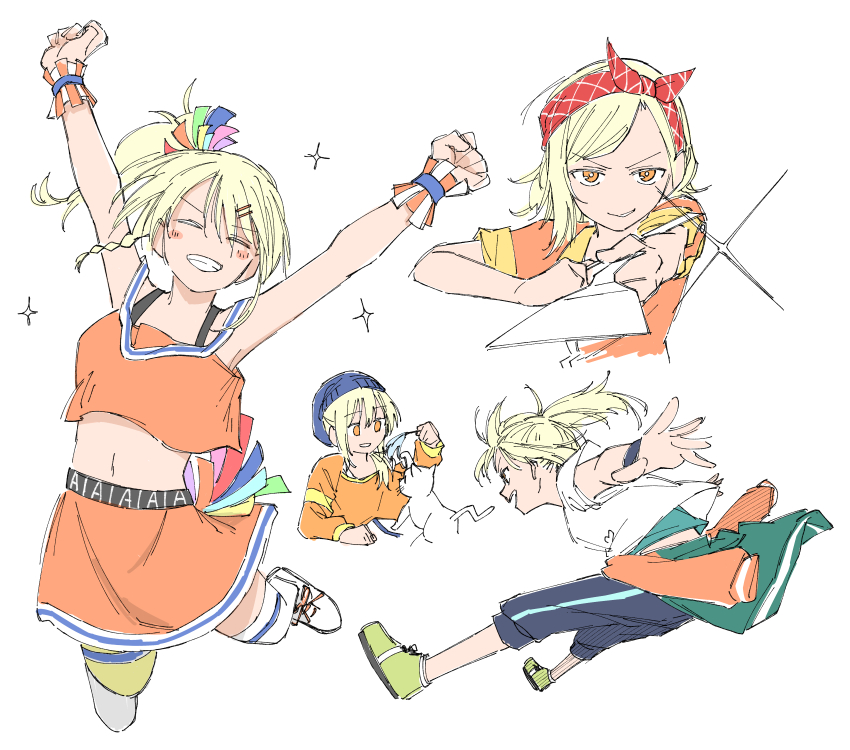 1girl absurdres asymmetrical_legwear bandana blonde_hair blue_headwear blue_pants cat cat_teaser clenched_hands closed_eyes clothes_around_waist green_footwear green_jacket hair_ornament hairband hairclip hanpen_(love_live!) haruruhaharur highres holding holding_spatula jacket jacket_around_waist love_live! love_live!_nijigasaki_high_school_idol_club midair midriff miyashita_ai multiple_views navel open_mouth orange_eyes orange_jacket orange_shirt orange_skirt pants red_hairband saiko_heart_(love_live!) shirt shoes short_sleeves side_ponytail skirt smile spatula striped_clothes striped_hairband swept_bangs uneven_legwear upper_body v-shaped_eyebrows white_background white_cat white_footwear white_shirt wristband
