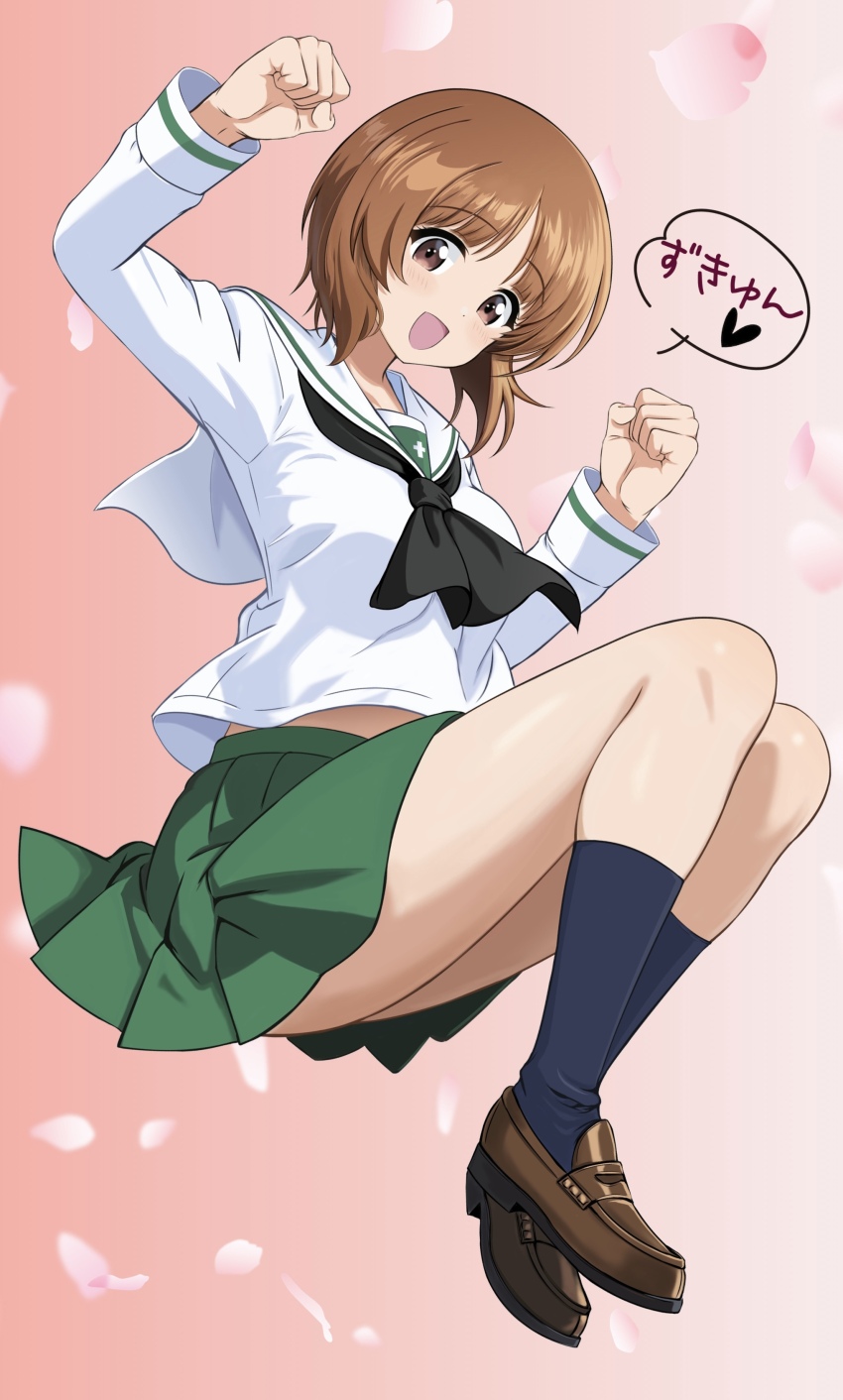1girl absurdres black_neckerchief black_scarf black_socks blouse breasts brown_eyes brown_hair brown_shoes clenched_hands commentary floating girls_und_panzer green_skirt heart highres knees_up loafers long_sleeves looking_at_viewer midriff_peek miniskirt neckerchief nishizumi_miho ooarai_school_uniform open_mouth petals pink_background pleated_skirt sailor_collar scarf school_uniform serafuku shirt shoes short_hair skirt smile socks solo translation_request white_sailor_collar white_shirt zaofeng