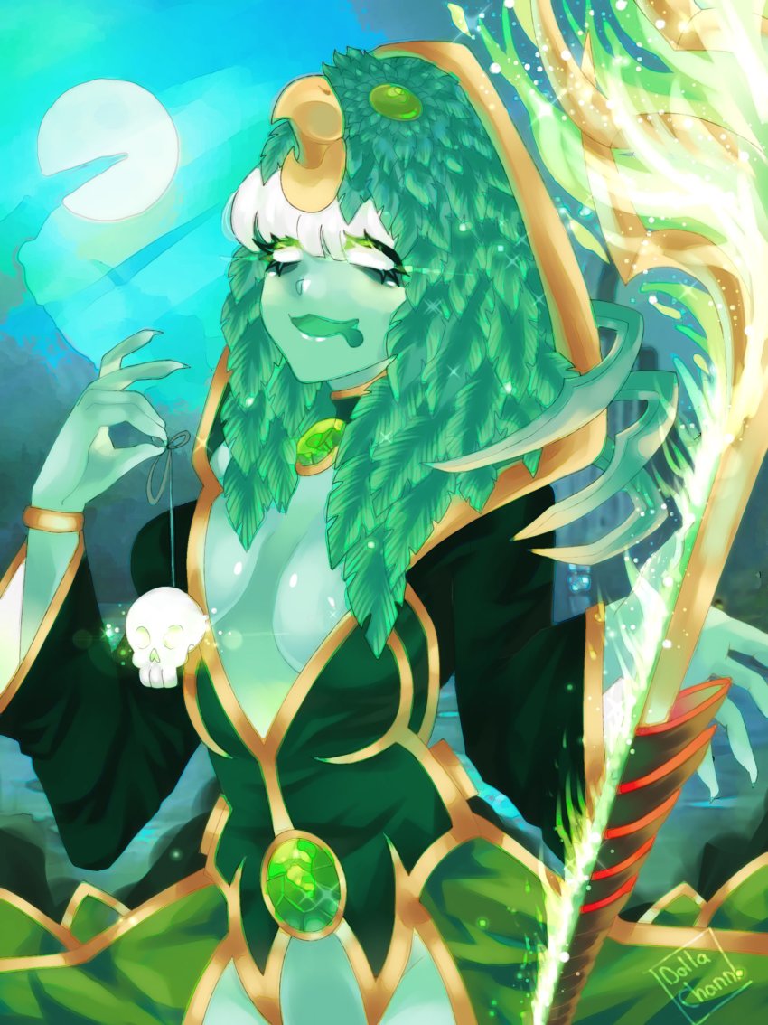 1girl ahegao bird choker colored_skin dollachan dota_(series) dota_2 feathers gems genderswap genderswap_(mtf) green_skin highres jewelry magical_girl necklace necromancer necrophos skull staff white_eyes white_hair