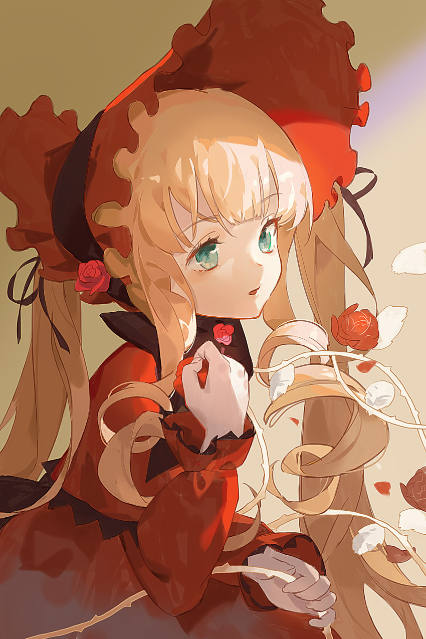 1girl absurdres blonde_hair blue_eyes bonnet frilled_bonnet frills highres long_hair looking_to_the_side myth1944 red_bonnet rozen_maiden shadow shinku solo sunlight