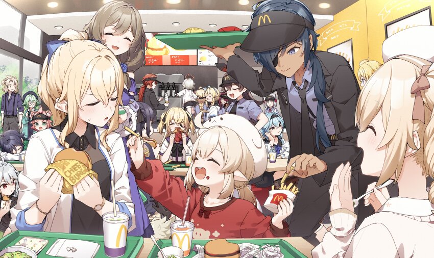 6+boys 6+girls :d :o :t ^_^ absurdres aether_(genshin_impact) albedo_(genshin_impact) amber_(genshin_impact) animal_ear_fluff animal_ears arm_up barbara_(genshin_impact) bennett_(genshin_impact) beret black_bow black_gloves black_hairband black_hat black_jacket black_necktie black_pants black_shirt black_shorts blonde_hair blue_hair blue_shirt bow braid brown_hair burger cat_ears character_request check_character closed_eyes closed_mouth collared_shirt commentary commentary_request cup dark-skinned_male dark_skin day diluc_(genshin_impact) diona_(genshin_impact) disposable_cup drawstring dress_shirt drinking_straw employee_uniform english_commentary eula_(genshin_impact) eyepatch feeding fischl_(genshin_impact) flying food food_theft french_fries genshin_impact gloves green_hair grey_hair hair_between_eyes hair_over_one_eye hairband halo hand_to_own_mouth hand_up hat highres holding holding_food holding_tray ice_cream ice_cream_cone indoors jacket jean_(genshin_impact) kaeya_(genshin_impact) klee_(genshin_impact) lisa_(genshin_impact) long_hair long_sleeves low_twintails lumine_(genshin_impact) mcdonald&#039;s mika_(genshin_impact) mona_(genshin_impact) multiple_boys multiple_girls necktie noelle_(genshin_impact) open_clothes open_jacket open_mouth paimon_(genshin_impact) pants parted_lips pink_hair pointy_ears ponytail profile puffy_long_sleeves puffy_shorts puffy_sleeves purple_eyes purple_shirt razor_(genshin_impact) red_eyes red_sweater rosaria_(genshin_impact) shirt shorts single_braid sleeves_past_wrists small_sweatdrop smile soft_serve sucrose_(genshin_impact) sucrose_(oneplus)_(genshin_impact) suspenders sweat sweater table thick_eyebrows tray twintails two_side_up v-shaped_eyebrows venti_(genshin_impact) very_long_hair visor_cap white_hat white_sweater window yukie_(kusaka_shi)