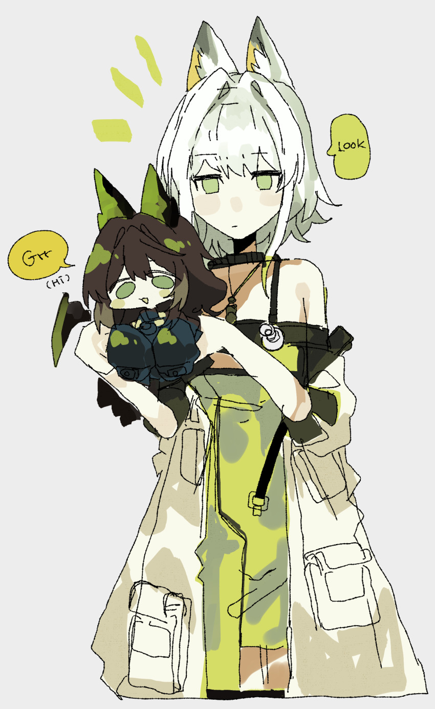 2girls :o absurdres animal_ears arknights bare_shoulders cat_ears cat_girl commentary_request dress green_dress green_eyes green_hair green_jacket highres jacket kal&#039;tsit_(arknights) korean_commentary medium_hair mon3tr_(arknights) multicolored_hair multiple_girls odmised open_mouth speech_bubble two-tone_hair